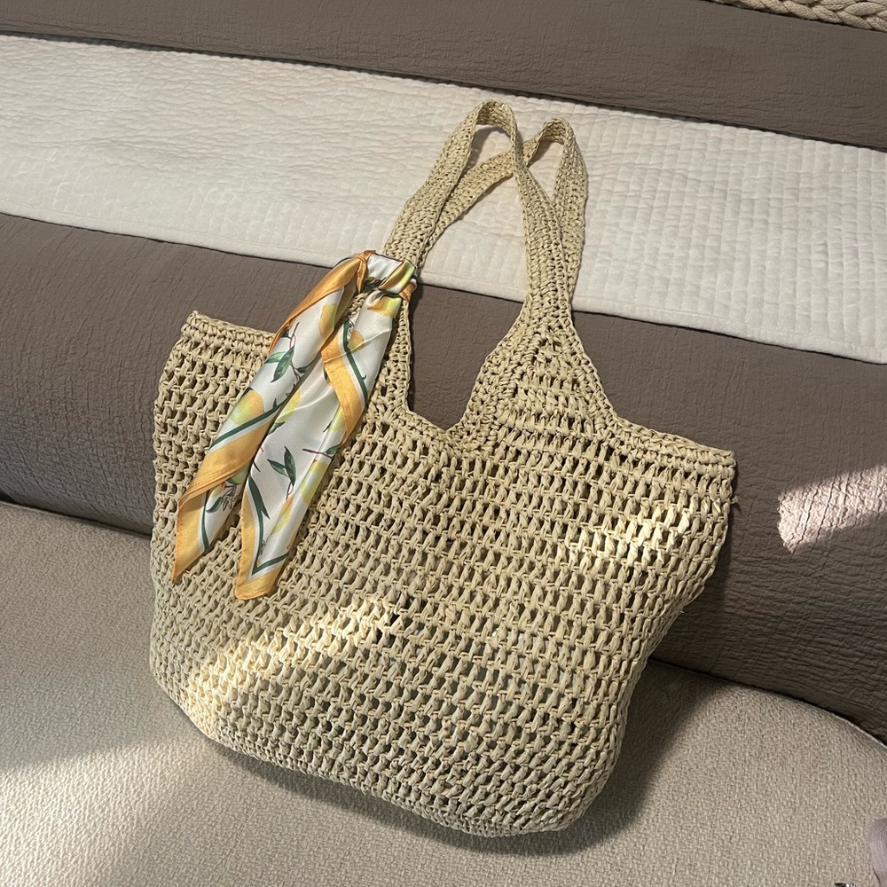 TALULAH Cream Woven Tote with Scarf Accent